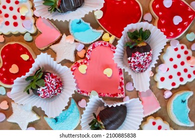 Assorted Valentines Sugar Cookies And Chocolate Covered Strawberries