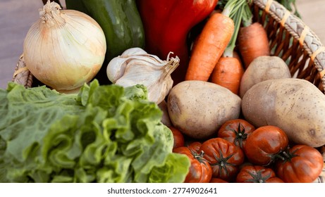 Assorted vegetables arranged together representing home cooking, healthy diet and natural ingredients.