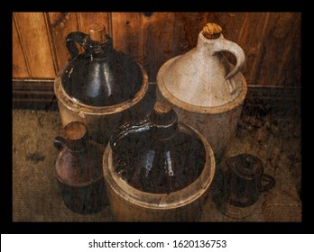 Assorted Vintage Moonshine Jugs Against Wood Paneling