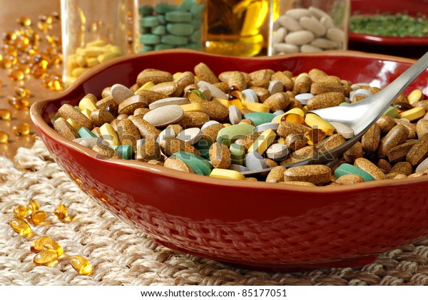 Assorted Vitamins Nutritional Supplements Decorative Bowl Stock Photo ...