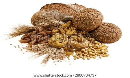 Assorted whole grain bread loaves with dry pasta and raw wheat ears