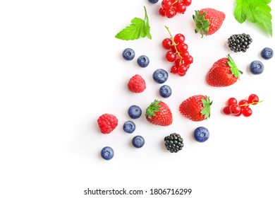 Assorted Wild Fresh Berries Isolated On White Background. Top View. Copy Space.