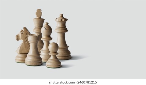 Assorted wooden White chess pieces and blank copy space