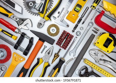 Assorted Work And Home Renovation Tools. Diagonal Flat Lay. Concept Industrial Background