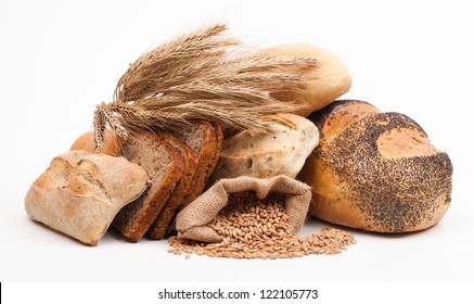 assortment of baked bread isolated on white background