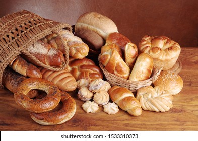 Assortment of baked goods on a wooden table
