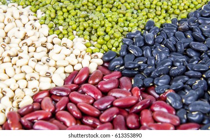 Assortment Of Beans And Lentils Black Bean, Mung Bean, Red Kidney Bean, Soy Bean