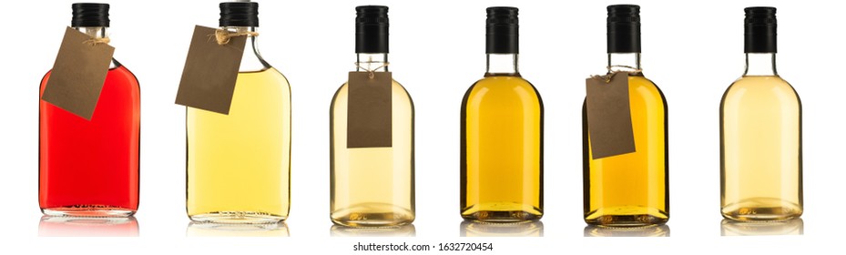 Assortment Of Bottles With Herbal Tincture Or Alcohol Liqour Isolated On White Background Banner.