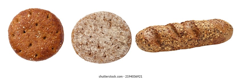 Assortment Of Cereal Baked Goods Isolated On White Background, Healthy Food