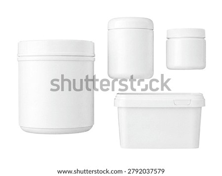 Assortment of clean, empty white plastic jars and tubs with screw-on or snap-on lids, displayed on a pure white background.