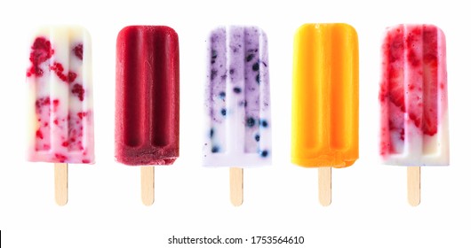 Assortment of cold summer fruit popsicles isolated on a white background