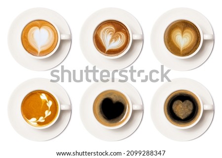 Assortment collection of coffee cup of art latte with froth heart-shaped isolated on white background.