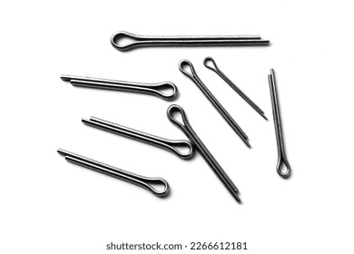 An assortment of cotter pins, or split pins, to secure clevis pins and other parts isolated on white