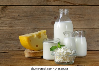 Assortment Of Dairy Products (milk, Cheese, Sour Cream, Yogurt)