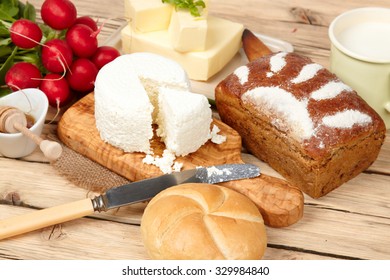 assortment of dairy products (milk, cheese, sour cream,)
