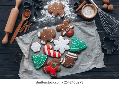 An assortment of decorated Christmas cookies, including gingerbread men and candy canes, on baking paper with baking tools. Perfect for festive celebrations and holiday baking inspiration. - Powered by Shutterstock