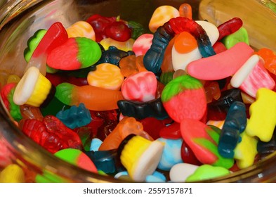 An assortment of delicious colorful jelly candy  in a glass jar. - Powered by Shutterstock