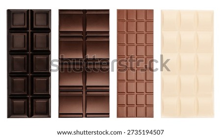 Assortment of different chocolate bars including dark, milk and white chocolate, isolated on white background. Chocolate tiles with various shapes and textures arranged in vertical rows