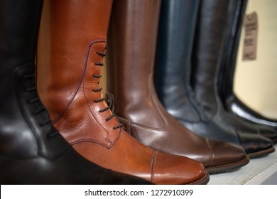 An Assortment Of Different Colored Horse Riding Boots For Women, Handmade From Real Genuine Leather. 