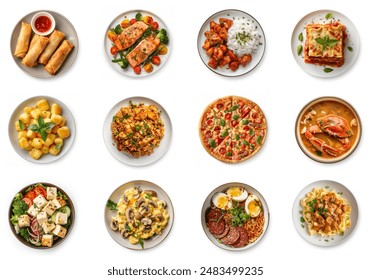 Assortment of different foods big collection. Big Menu of delicious foods set, top view. Isolated on white background. pizza, tofu salad, spring rolls, salmon, pasta, fried rice, crab soup, ramen.  - Powered by Shutterstock