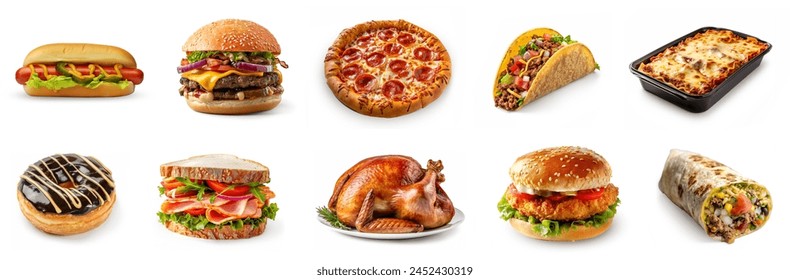 Assortment of different many fast food set, collection on white background. French fries, lasagna, hamburger, taco, hotdog, pizza, fried chicken, chicken nuggets, sandwich, donut, burrito, turkey.