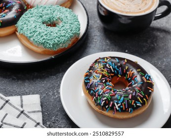 An assortment of donuts is arranged on two plates on a dark, textured surface. A chocolate donut with colorful sprinkles is on a white plate, while another plate has donuts with green sprinkles` - Powered by Shutterstock