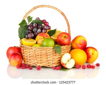 Assortment Of Exotic Fruits In Basket, Isolated On White