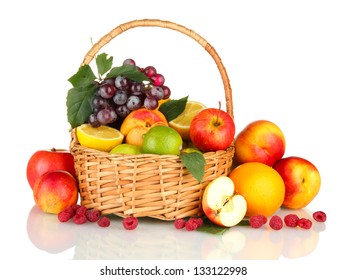 Assortment Of Exotic Fruits In Basket, Isolated On White