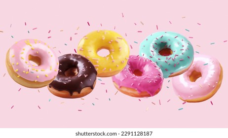 Assortment of falling or flying brightly colored donuts with falling sprinkles in motion against a pink background - Powered by Shutterstock