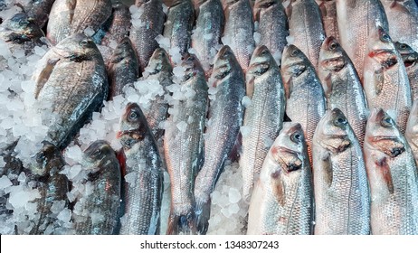 Assortment Of Fish On Ice, Displayed On A Fishmonger Stall In The UK