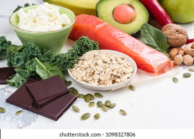 Assortment Of Food - Natural Sources Of Dopamine. Food Good For Brain On White Background. Copy Space