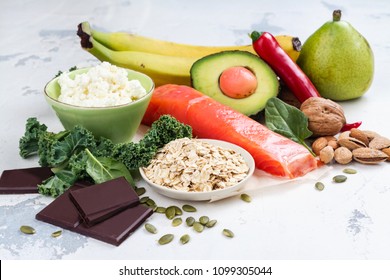 Assortment Of Food - Natural Sources Of Dopamine. Food Good For Brain On White Background. Copy Space