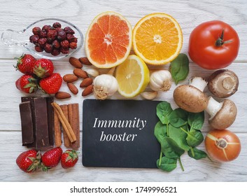 Assortment Of Food To Naturally Boost Immune System. Healthy Eating For Strong Immune System. Immune-boosting Foods. Concept Of Helpful Ways To Strengthen Immunity Naturally.