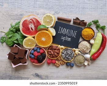 Assortment of food to naturally boost immune system. Healthy eating for strong immune system. Immune-boosting foods. Foods high in vitamins and mineral for strengthen immunity.