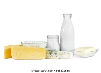 Assortment Of Fresh Dairy Products On White Background