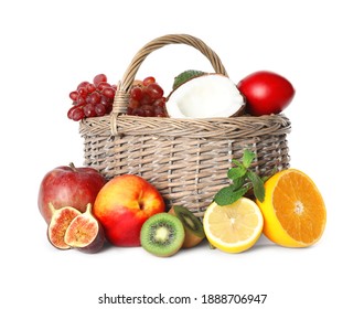 Assortment Of Fresh Exotic Fruits In Basket On White Background