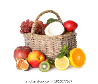 Assortment Of Fresh Exotic Fruits In Basket On White Background