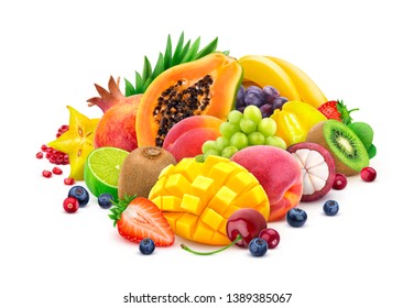 Assortment Of Fresh Exotic Fruits Isolated On White Background With Clipping Path, Fresh And Healthy Fruits And Berries Mix