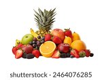 An assortment of fresh fruits, including berries, citrus, and grapes, arranged neatly against isolated