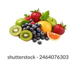 An assortment of fresh fruits, including berries, citrus, and grapes, arranged neatly against isolated