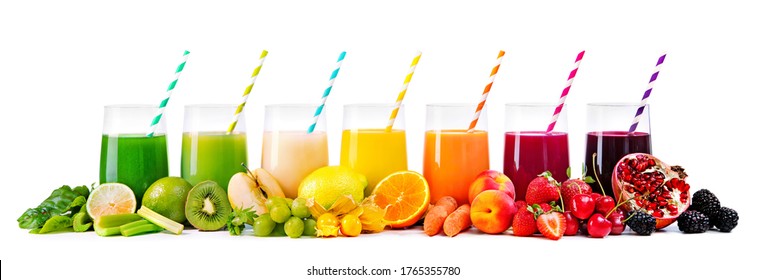 Assortment of fresh fruits and vegetables juices in rainbow colors isolated on white background