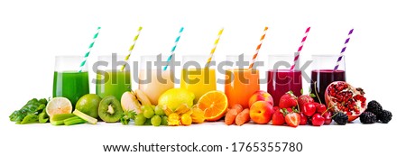 Assortment of fresh fruits and vegetables juices in rainbow colors isolated on white background