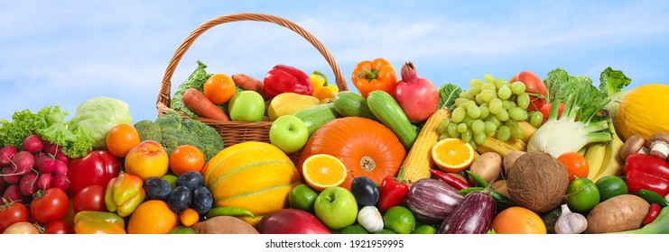 Assortment Of Fresh Organic Fruits And Vegetables Outdoors. Banner Design