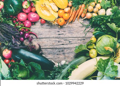 Assortment Fresh Organic Vegetables Frame Heart Wooden Background Country Style Market Concept Local Garden Produce Clean Food Eating Dieting Toned