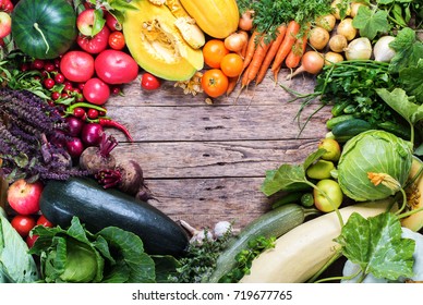 Assortment Fresh Organic Vegetables Frame Heart Wooden Background Country Style Market Concept Local Garden Produce Clean Food Eating Dieting