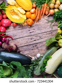 Assortment Fresh Organic Vegetables Frame Heart Wooden Background Country Style Market Concept Local Garden Produce Clean Food Eating Dieting Copy Space