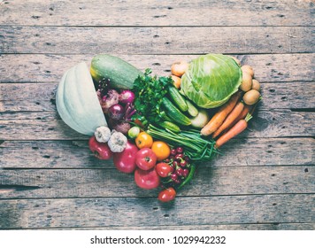 Assortment Fresh Organic Vegetables Heart Shape Wooden Background Country Style Market Concept Local Garden Produce Clean Food Eating Dieting Toned