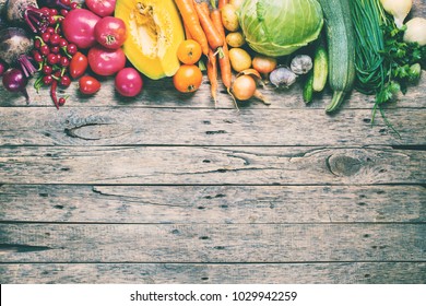 Assortment Fresh Organic Vegetables Row Apportion Wooden Background Country Style Market Concept Local Garden Produce Clean Eating Dieting Toned