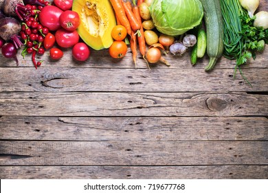 Assortment Fresh Organic Vegetables Row Apportion Wooden Background Country Style Market Concept Local Garden Produce Clean Eating Dieting