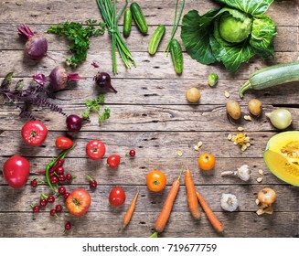 Assortment Fresh Organic Vegetables Scattered Wooden Background Rainbow Colored Nature Country Style Market Concept Local Garden Produce Clean Food Eating Dieting